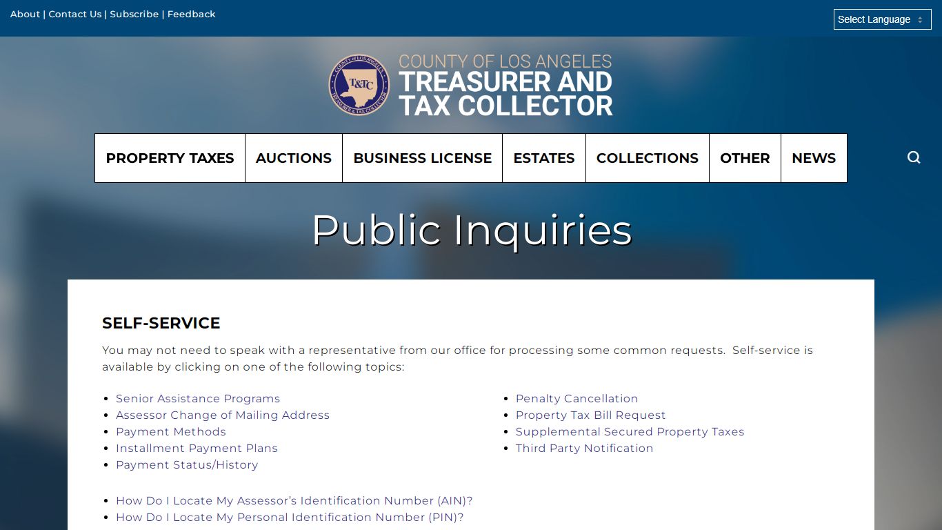 Public Inquiries – Treasurer and Tax Collector